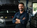 mechanic standing in front of van with bonnet up
