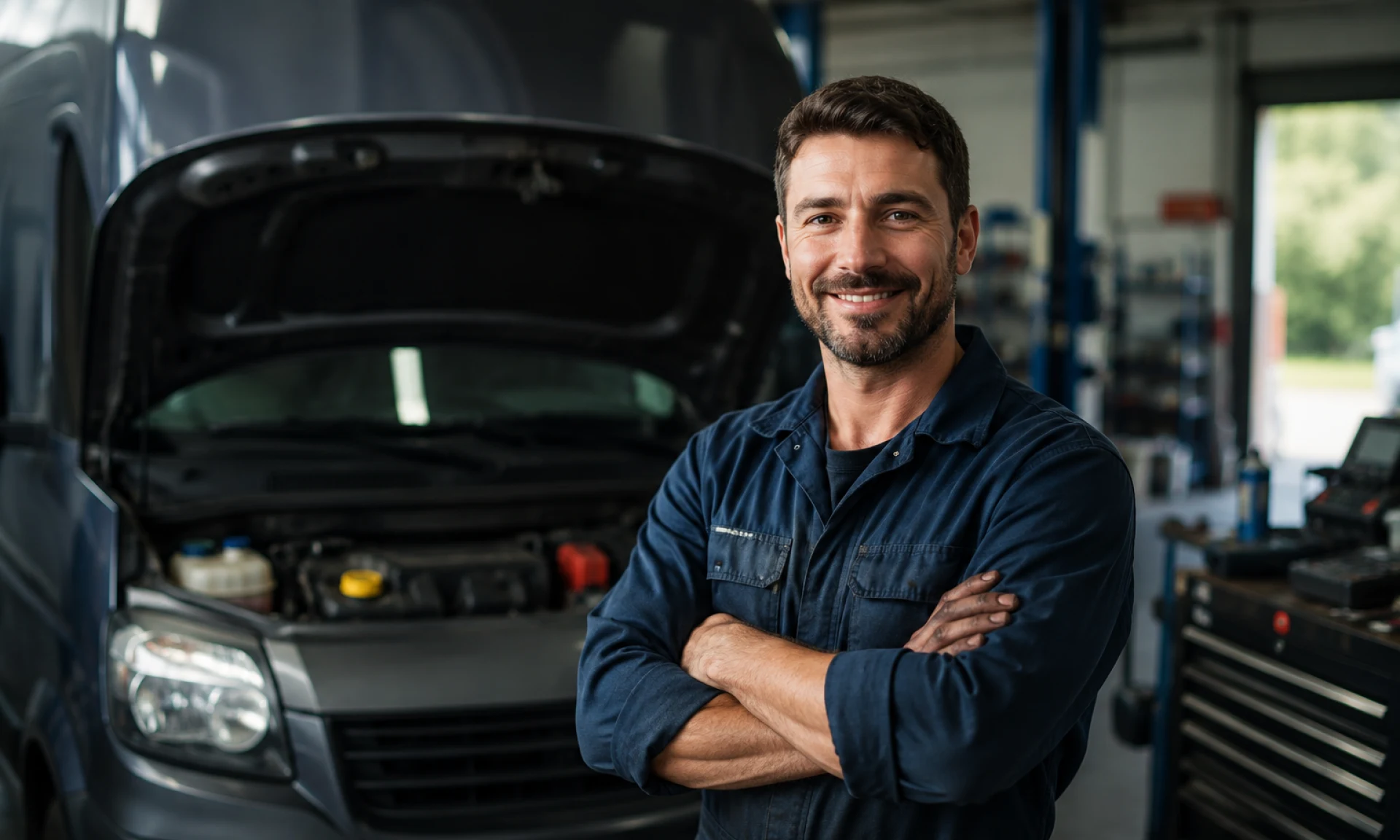 mechanic standing in front of van with bonnet up